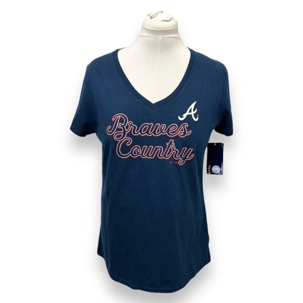 Majestic Athletic Women’s “Braves Country” MLB V Neck T-Shirt L Cotton Navy L